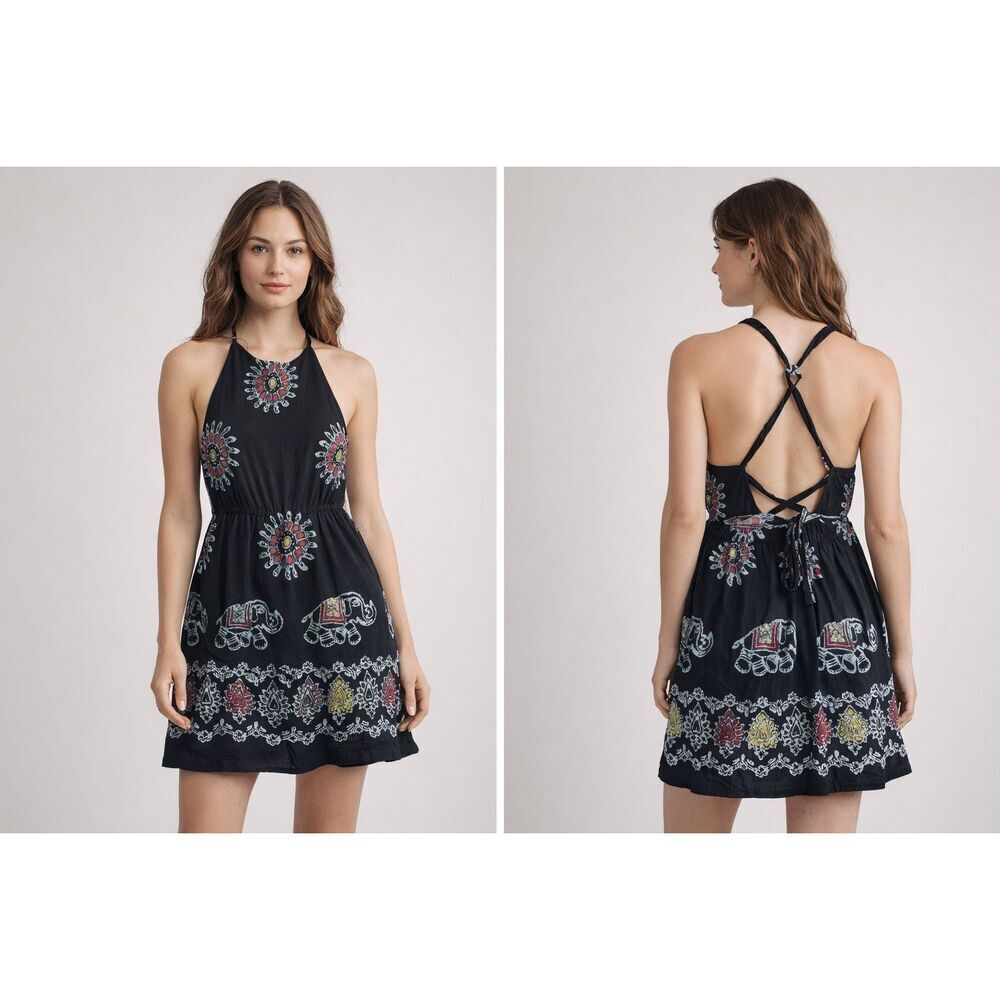Boho Elephant Print Halter Mini Dress Black Festival Sundress S